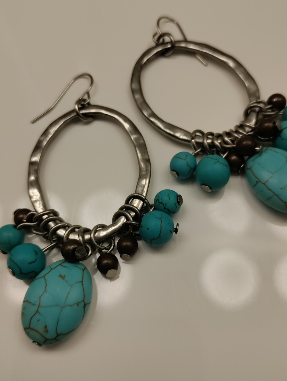 Silver Metal and Turquoise Bead Drop Dangle Earrings